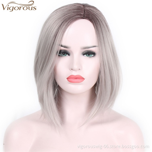 Vigorous High Quality Cosplay Synthetic Gray Wigs Short Straight Bob Wigs for Women Heat Resistant Fiber Fashion Styles
